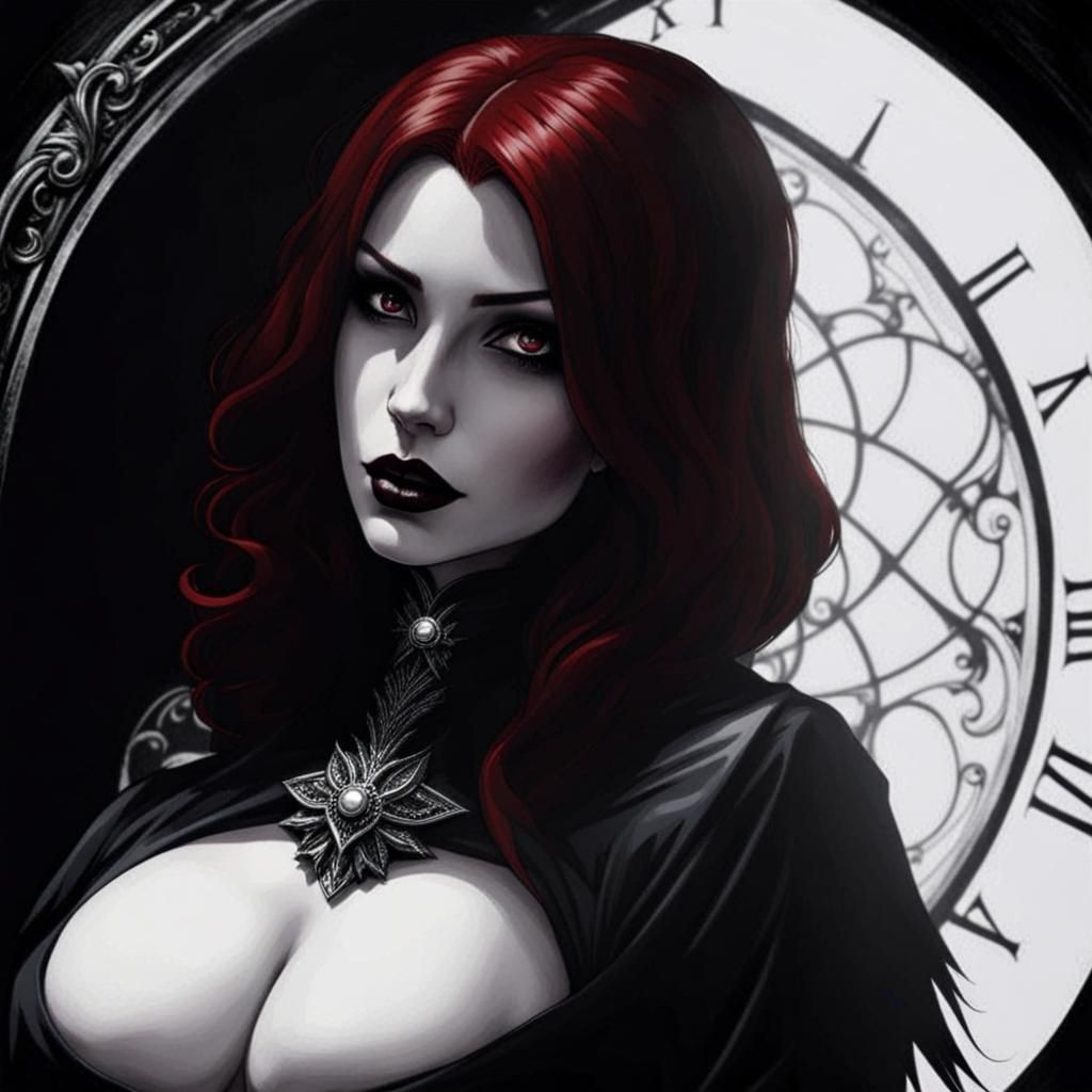 Redhead Vampire Before Gothic Clock in Dark Fantasy Art