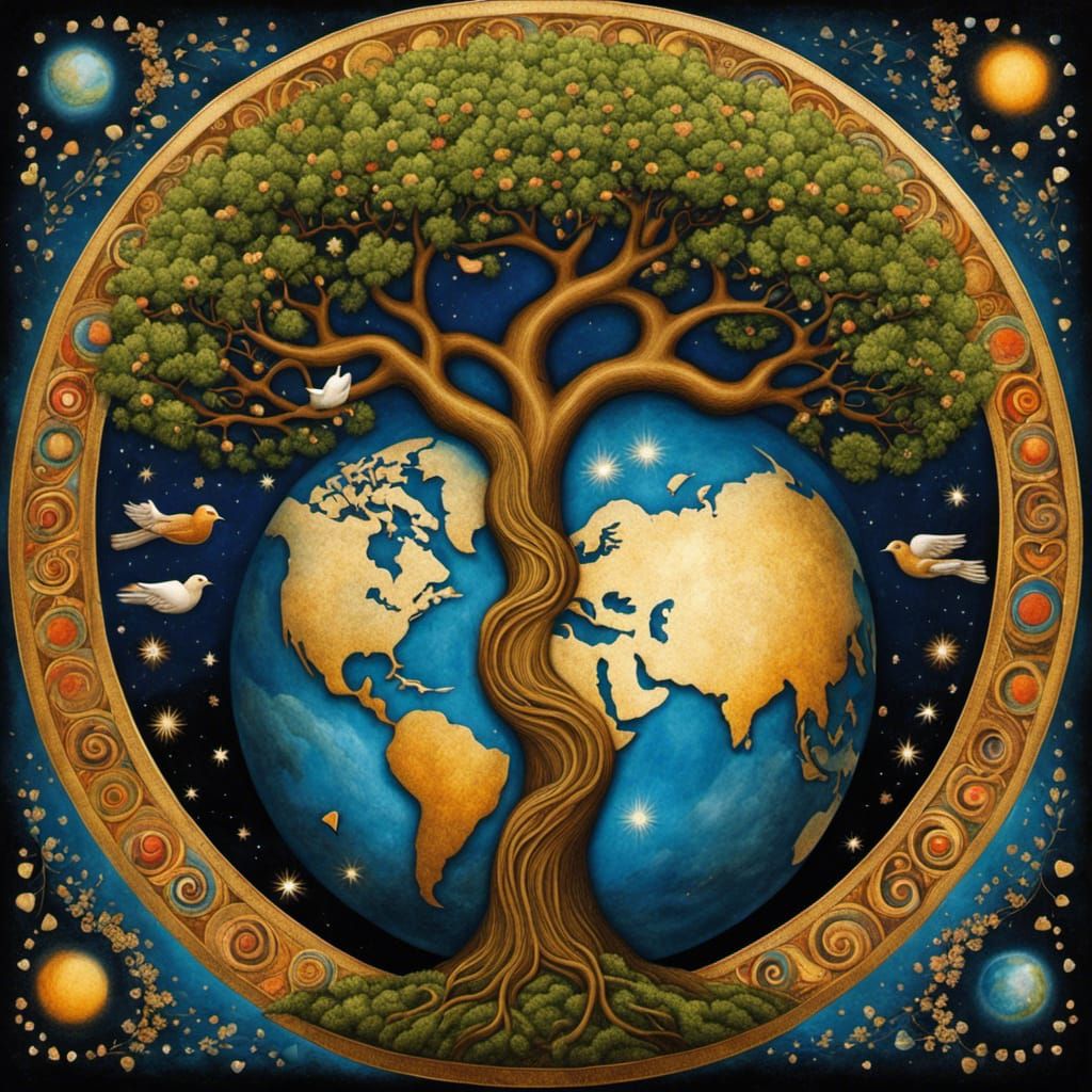 Tree of Life Earth in Cosmos, Art Brut Style