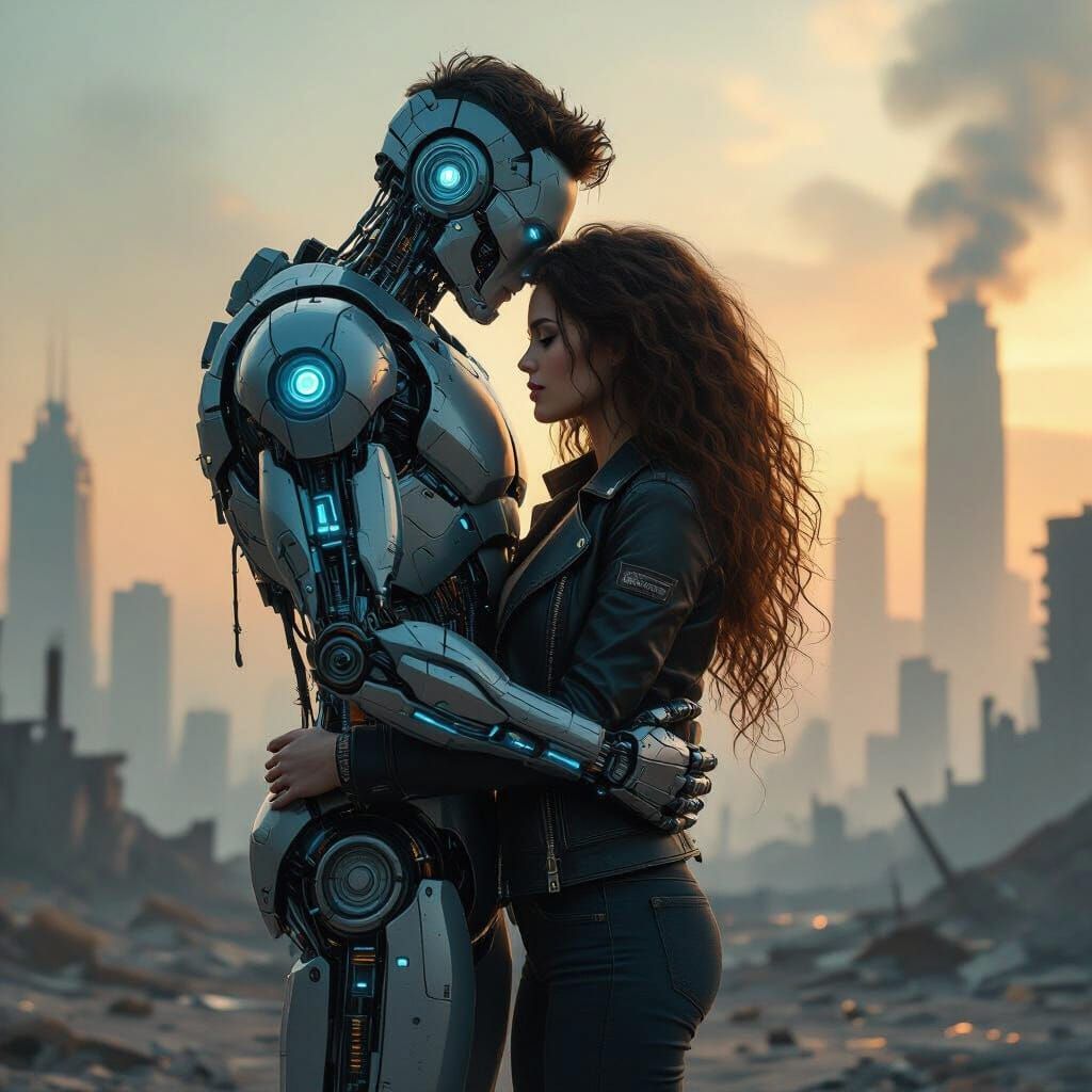 Cyberpunk Robot and Woman Embrace in Ruined City