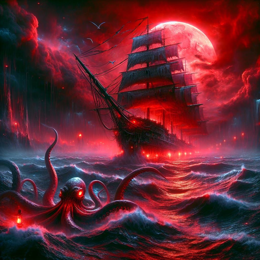 Ghost Ship on Wild Sea with Sea Monster