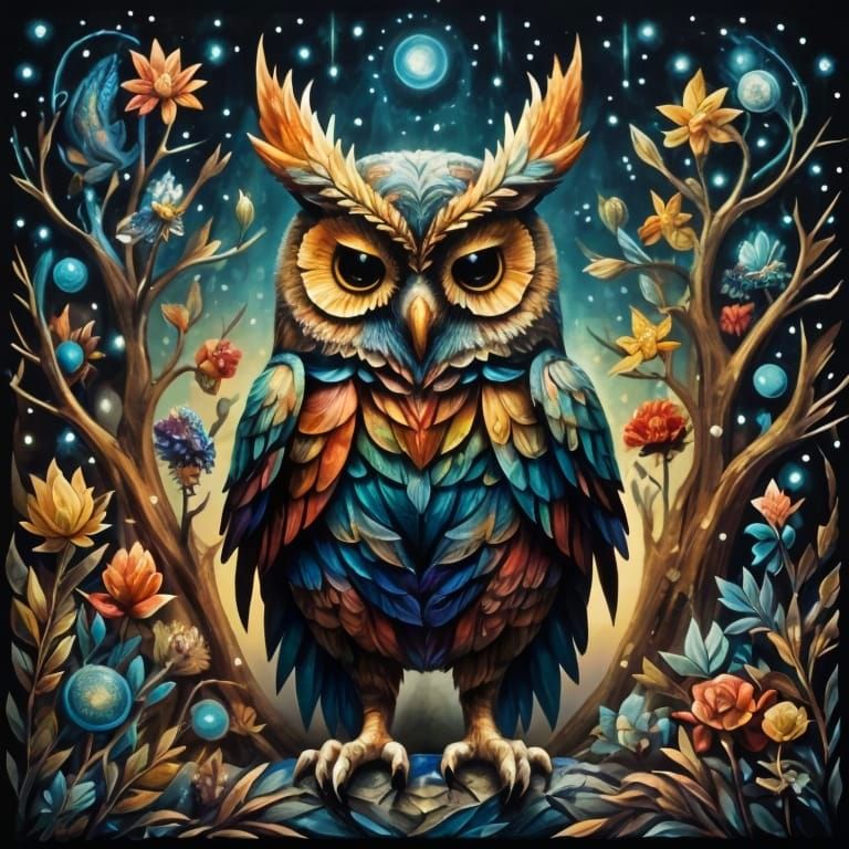 Whimsical Paper Art Owl in Magical Fantasy Scene