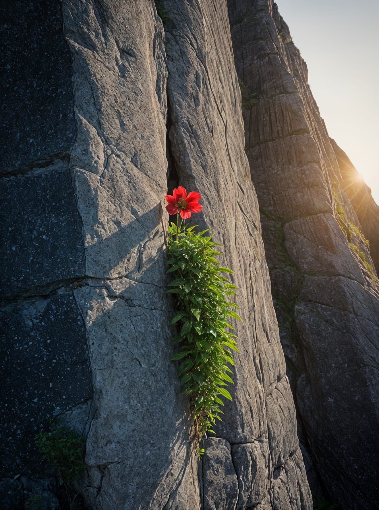 Solitary Bloom: Red Flower on Gray Cliff