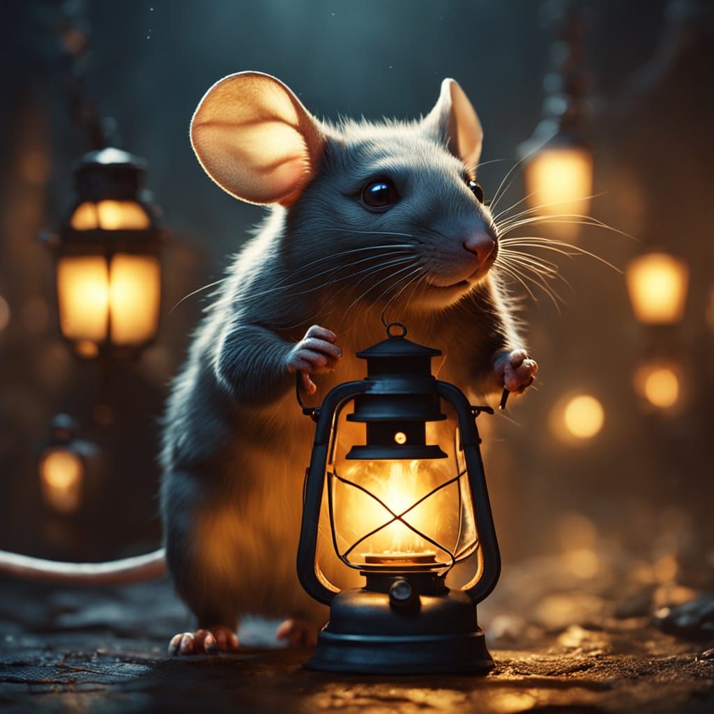 Mouse with Lantern in Golden Fog