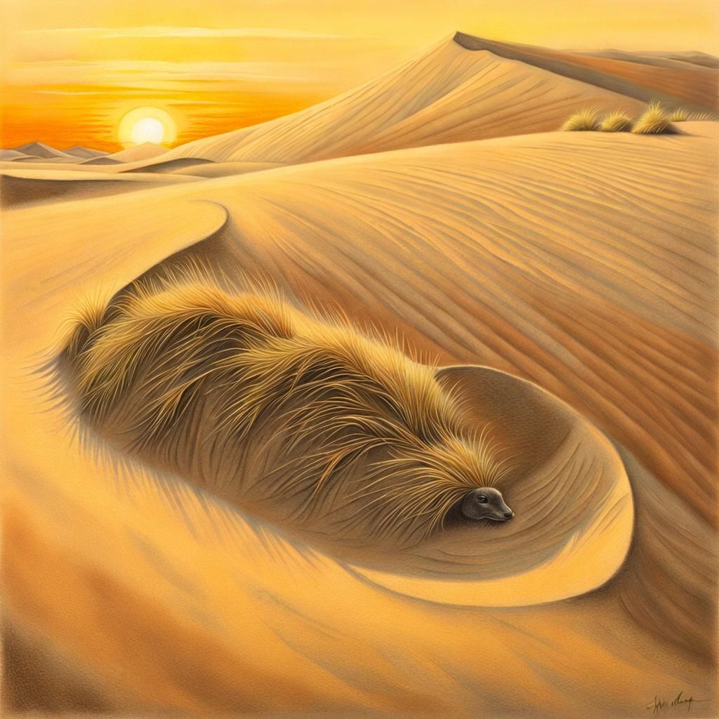 Detailed Golden Mole in Cream Sand Dunes, Pastel Drawing