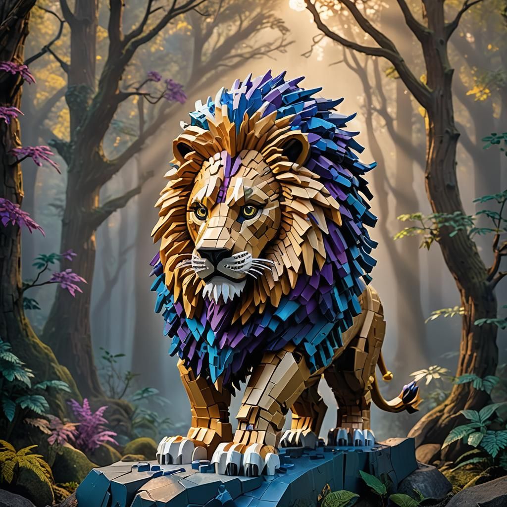 Majestic Lego Lion in Mystical Forest