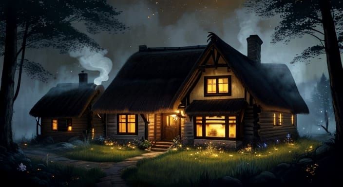 Thomas Kinkade Style Painting of a Cozy Cottage