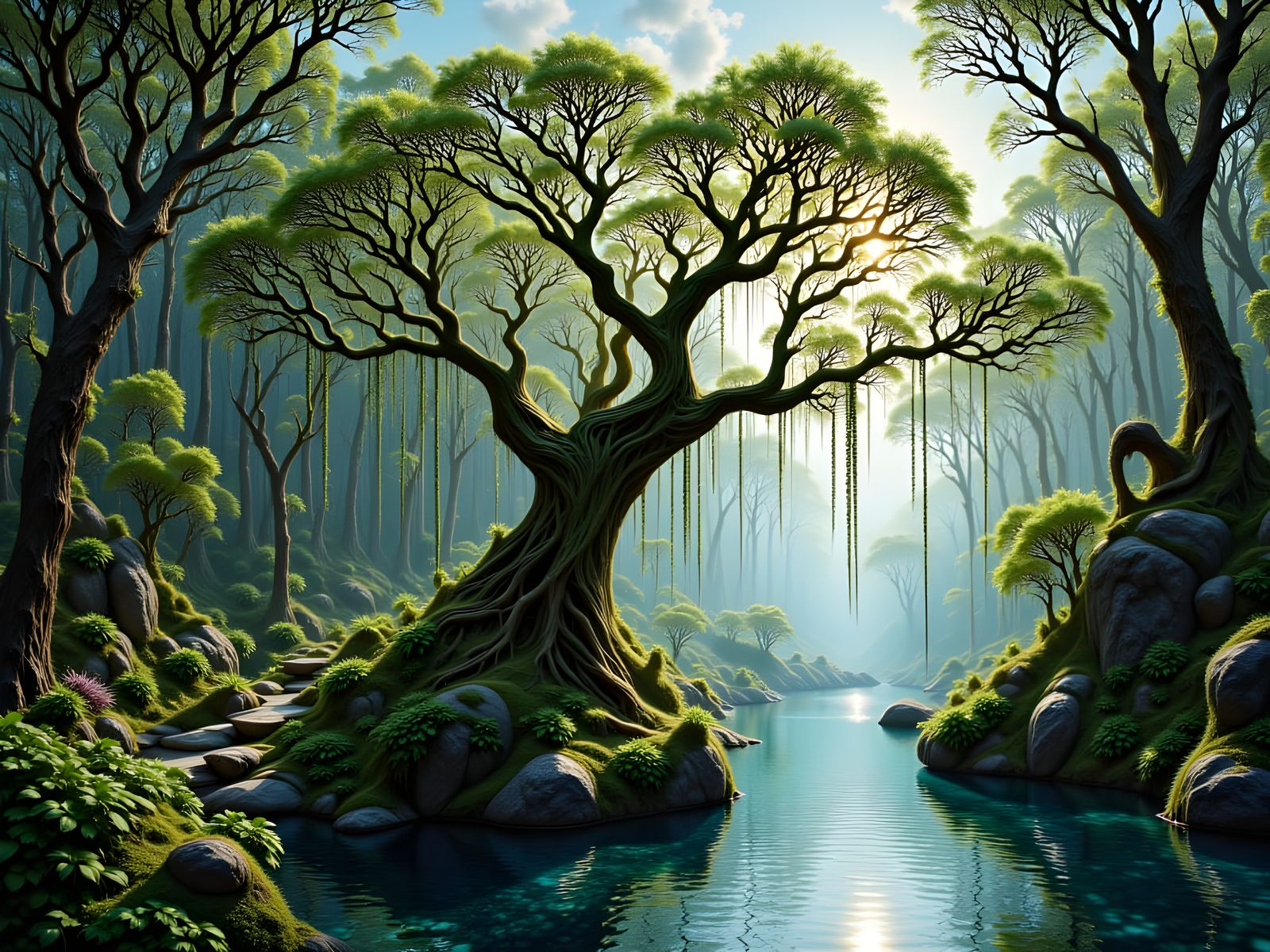 Intricate Bonsai Willow Tree in Moonlight Reflecting Pool