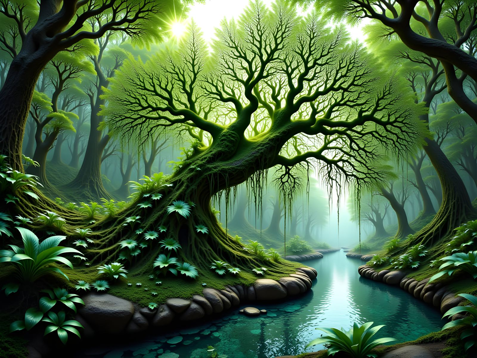 Intricate Bonsai Willow Tree in Moonlight