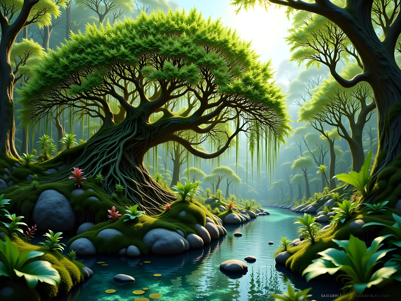 Intricate Botanical Bonsai Tree by Moonlight