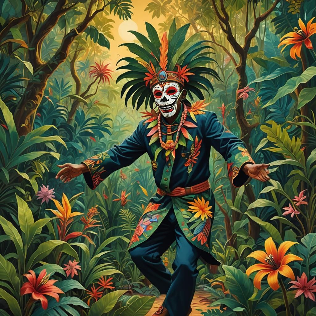 Dancing Witch Doctor in Tropical Naive Art Style