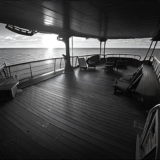 A wide shot of the deserted aft deck of the Titanic tilting dramatically towards the water. Deck chairs are overturned, ...