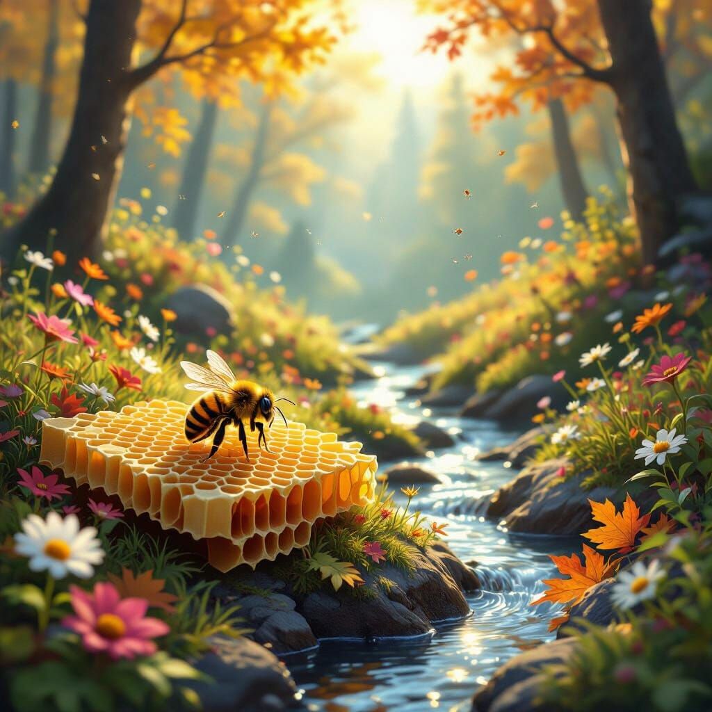 Honey Bee on Honeycomb in Enchanting Autumn Forest