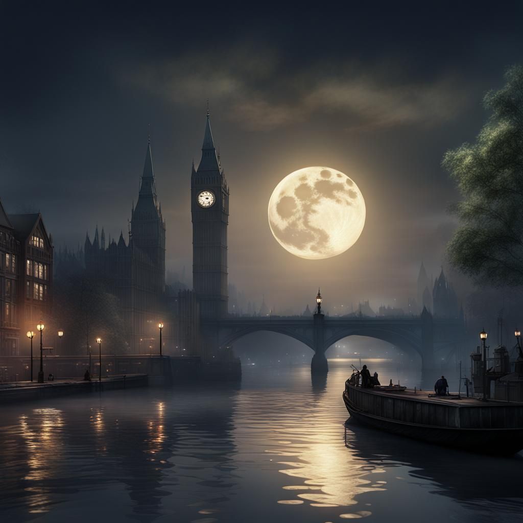 Thames River Reflections in Smoggy Moonlight