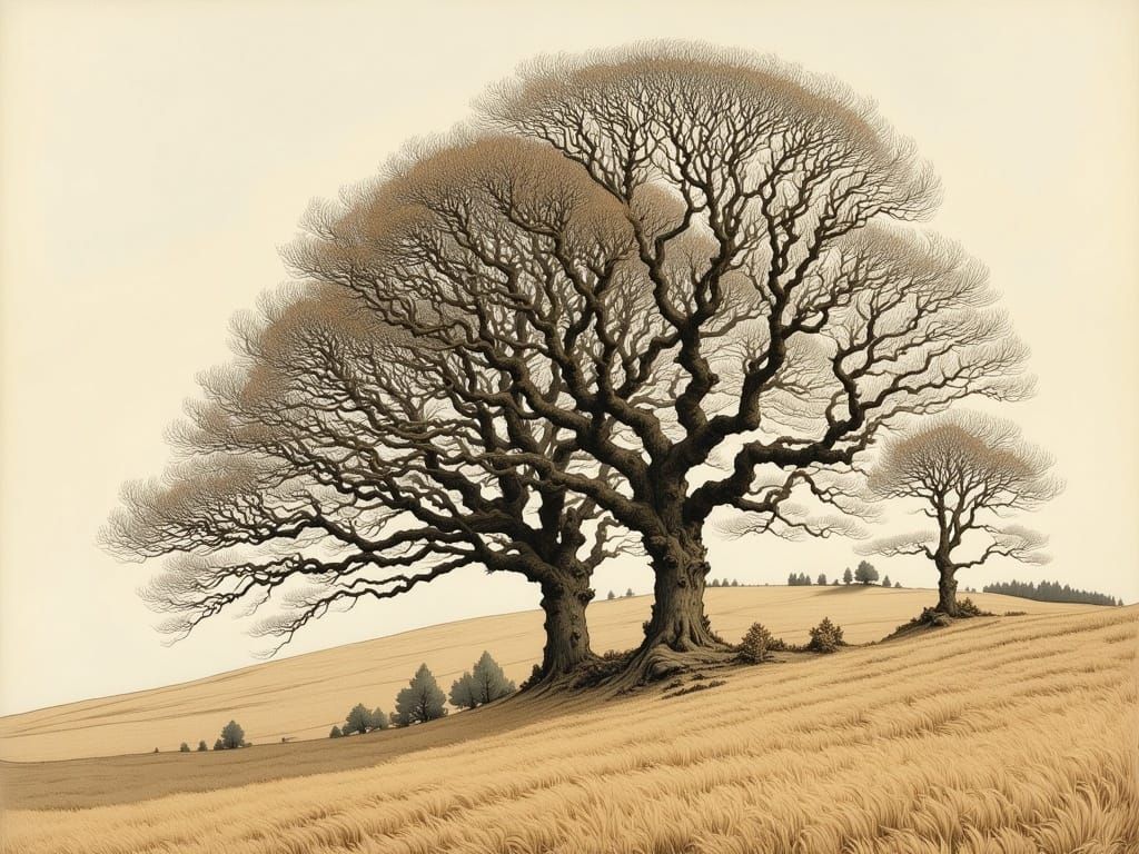 Ancient Beech Trees in Gentle Hillside Landscape