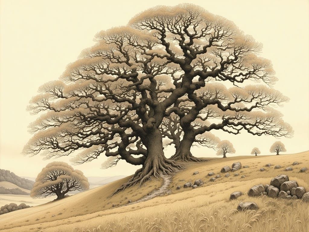 Ancient Beech Trees in Brown Tones, Intricate Etching Art