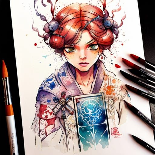 Mad Scientist Samurai Princess in Watercolor Manga Style