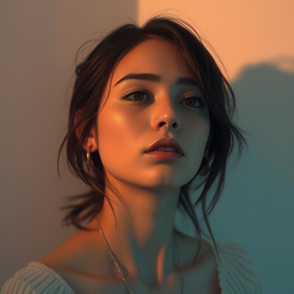 Contemplative Woman in Dreamy Pastel Light