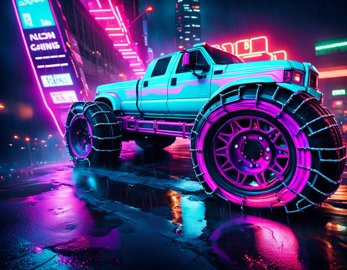 Neon Truck with Chains in Rainy Cyberpunk City