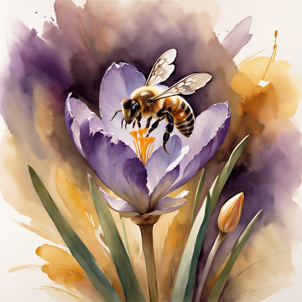 Golden Honeybee on Vibrant Crocus Blooms in Dreamy Watercolo...
