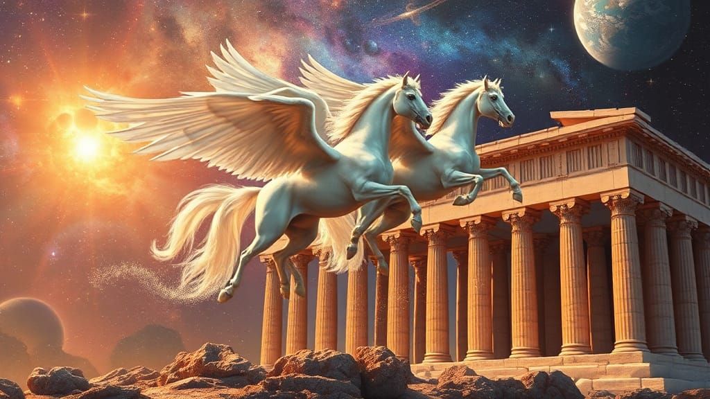Pegasus Soaring Over Greek Temple in Starry Galaxy