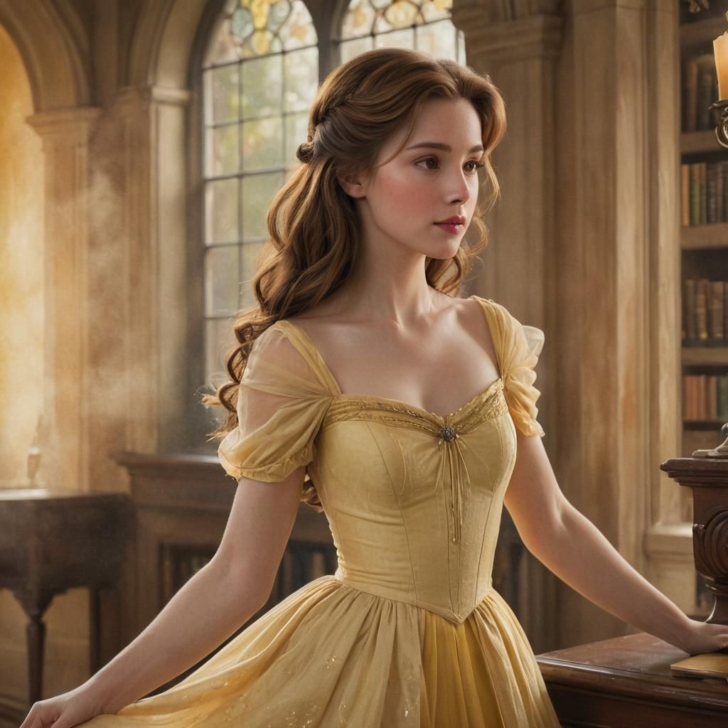 Belle in Castle Library, Disney-Inspired Watercolor Portrait