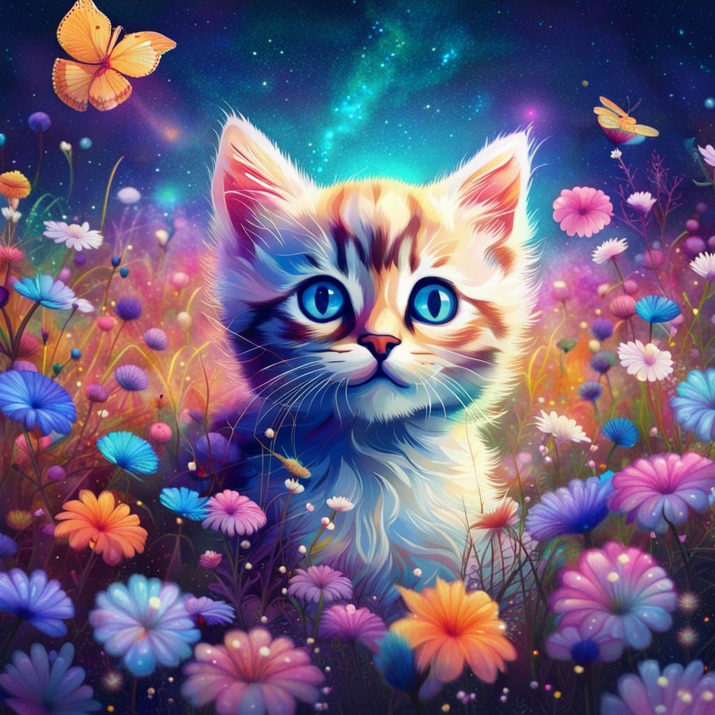Cute Kitten in Flower Field: Holographic Cosmic Art