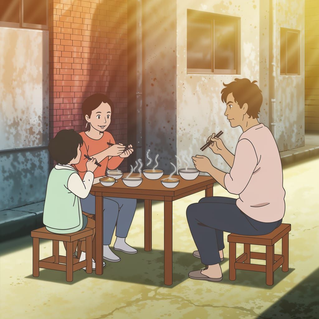 Anime-Style Scene of Three Friends Sharing a Meal in a Cozy ...