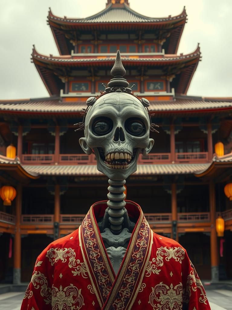 Alien Figure in Asian Temple: Surreal Art