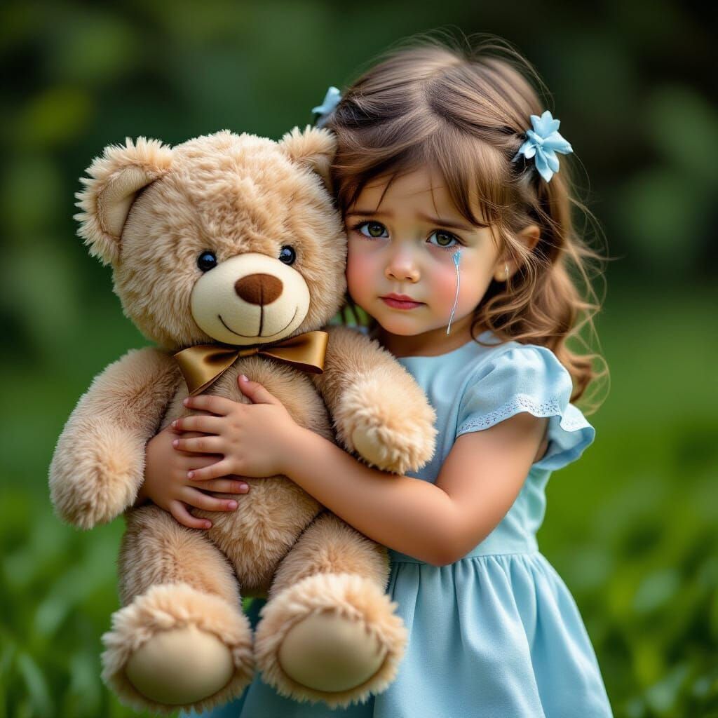 Girl Hugs Teddy Bear Crying on Lush Grass