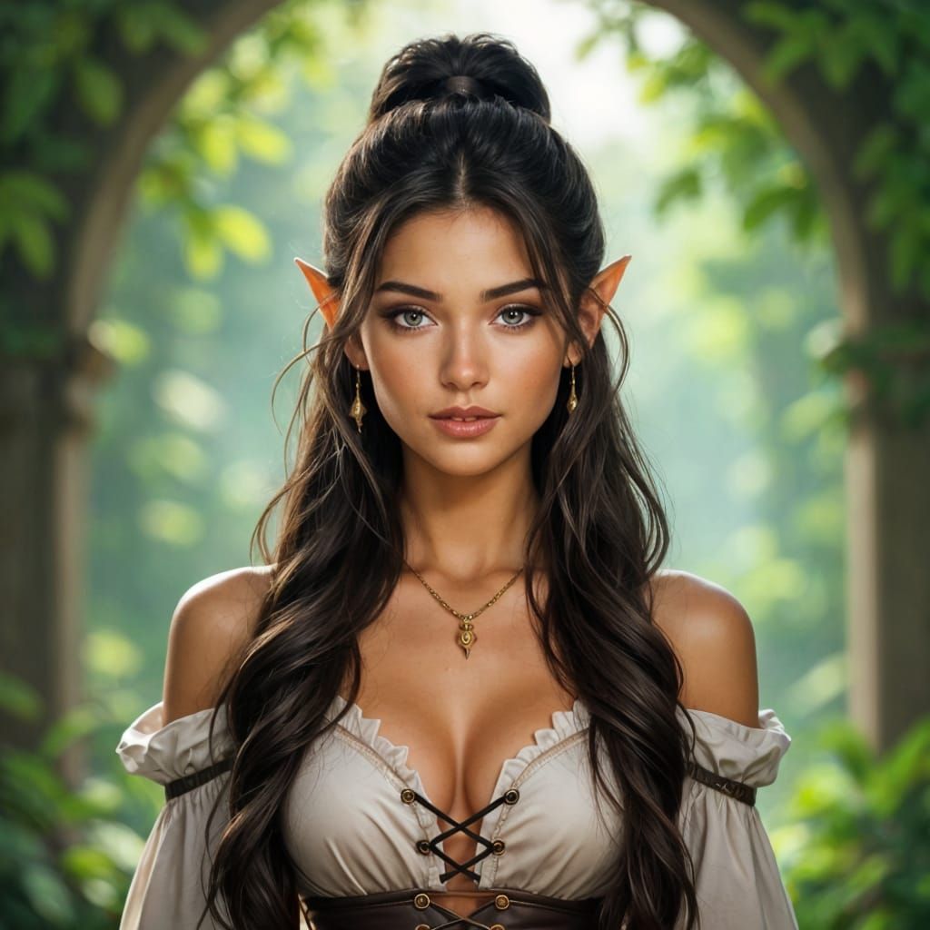 Elegant Elf Woman with Cascading Dark Hair