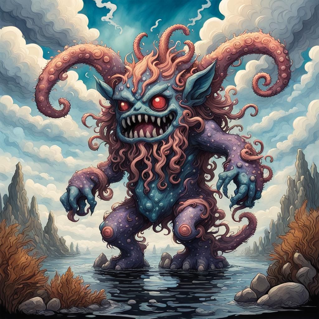 Gothic Watercolor Bugbear Monster Under Cloudy Sky
