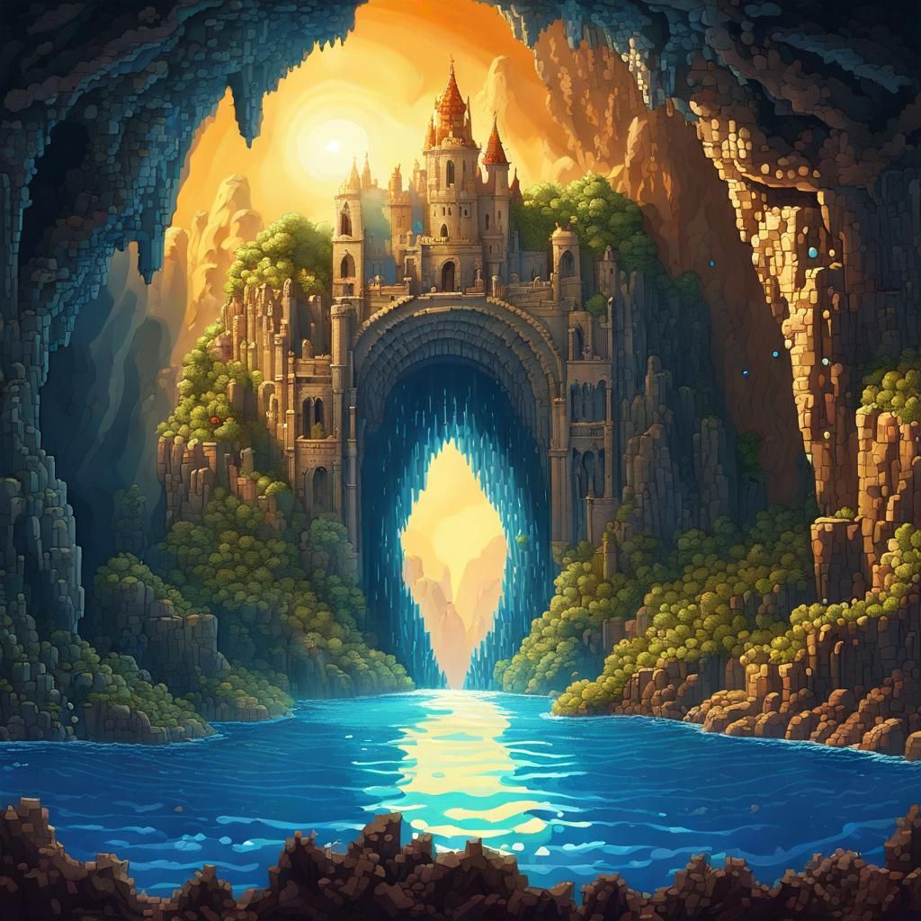 Pixel Art Cave with Underwater Castle in Unreal Engine
