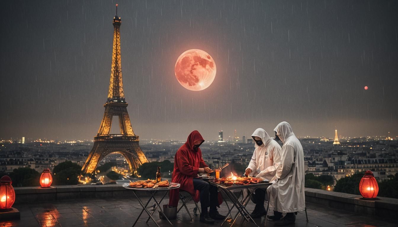 Ghosts Barbecuing on Eiffel Tower in Hyperrealistic Style