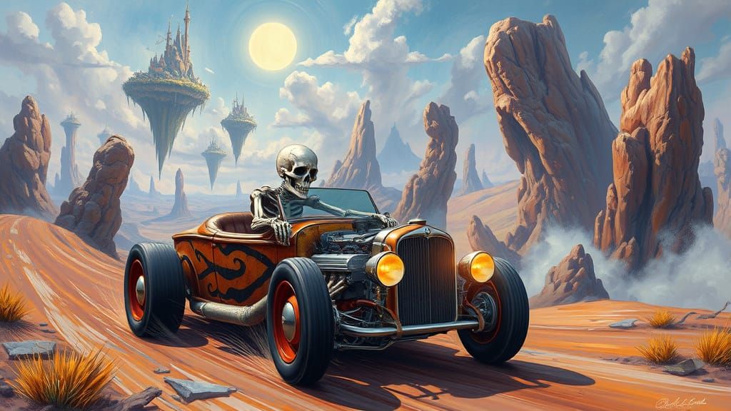 Skeleton Driver Races Through Dreamscape: Roth and Van Gogh