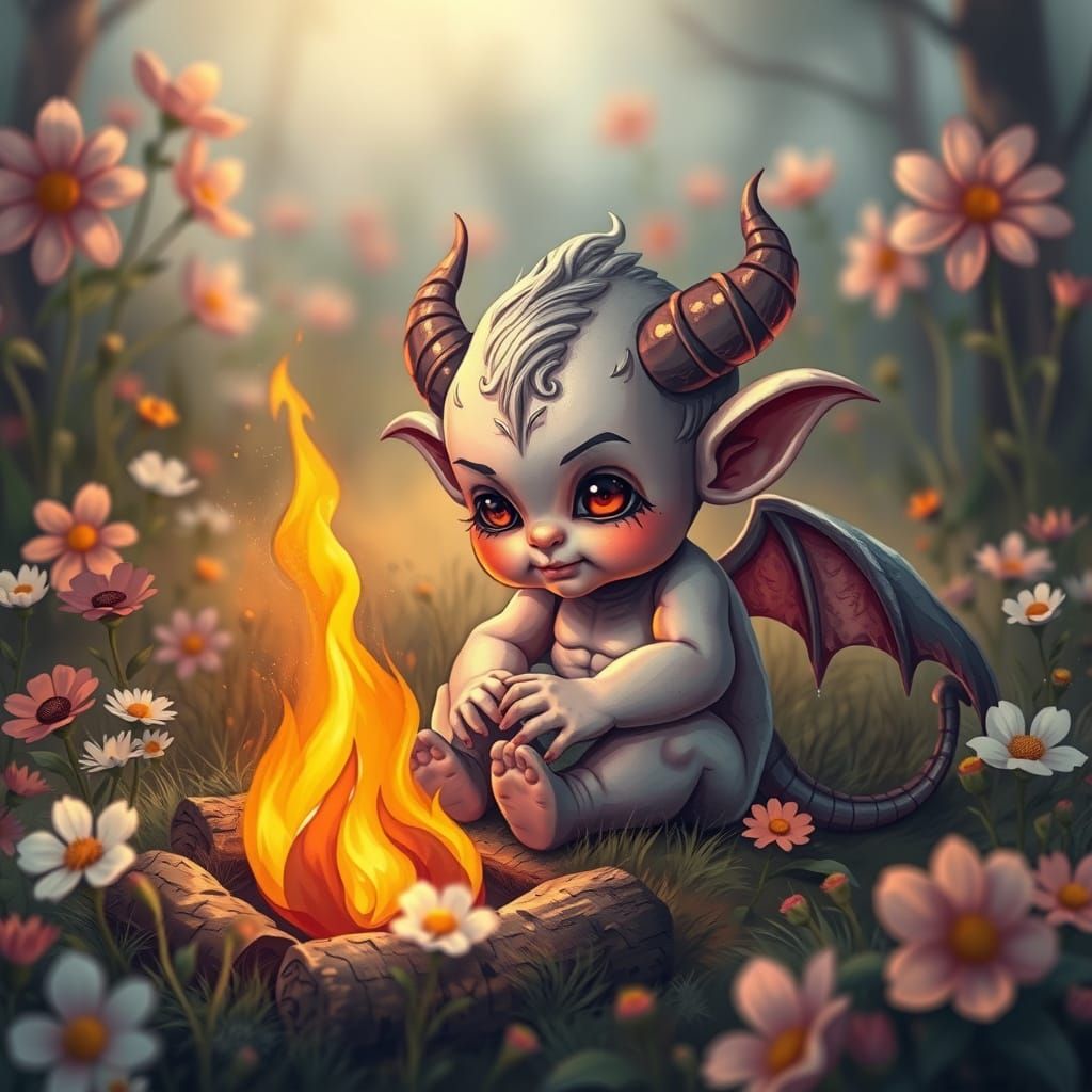 Surreal Demon Cubs Warmth in Vibrant Floral Paradise