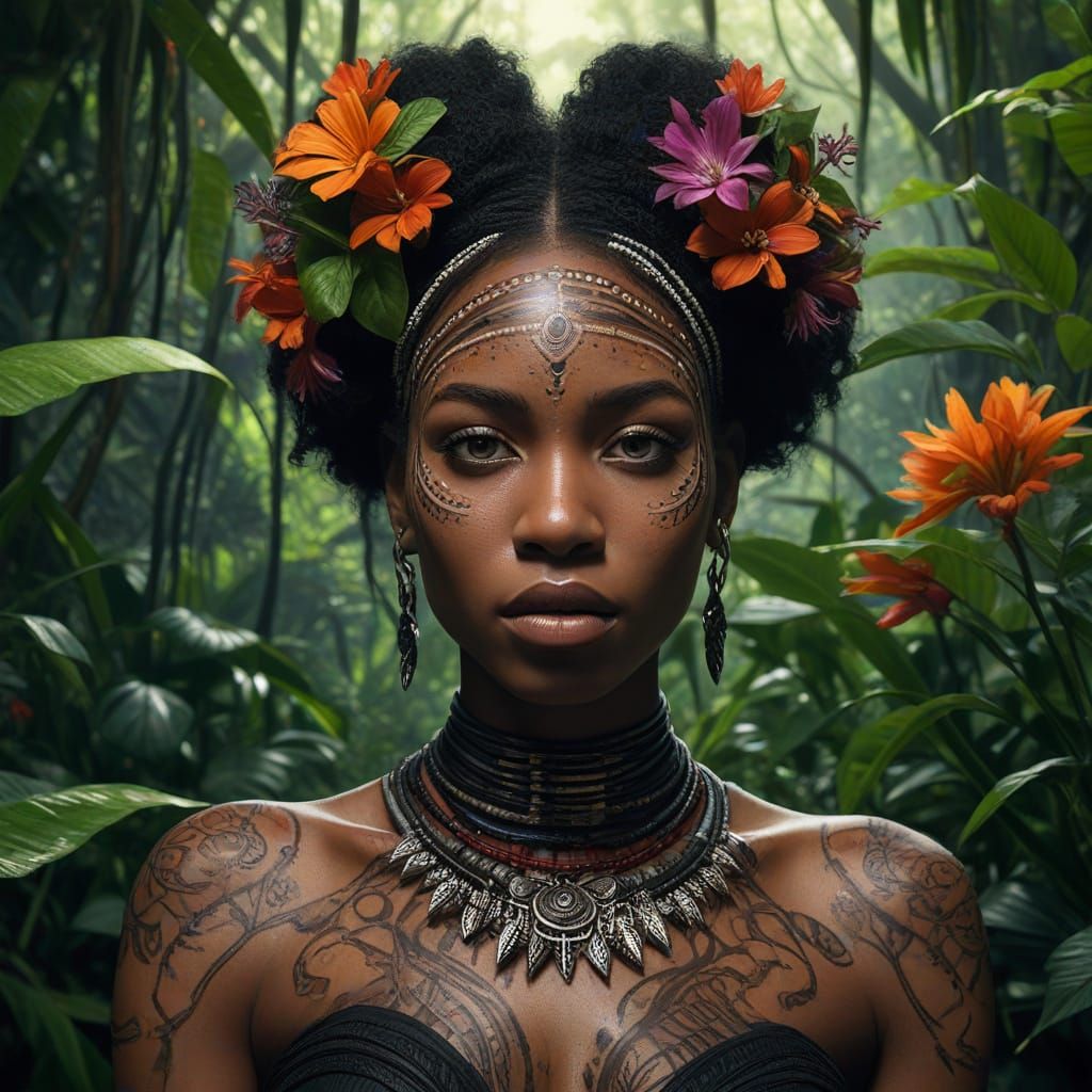 Tribal Woman in Jungle, Hyperrealistic Afrofuturist Art