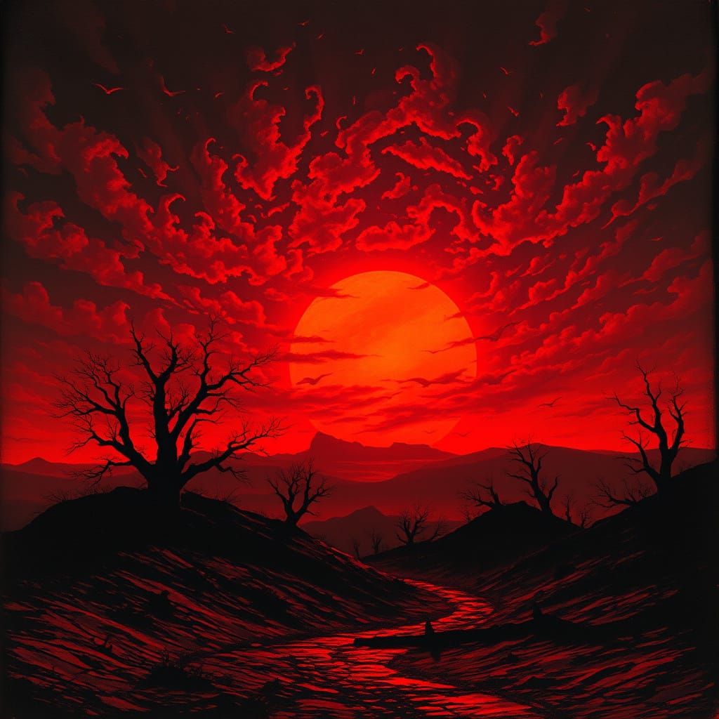 Ominous Red Sunrise over Haunting Landscape