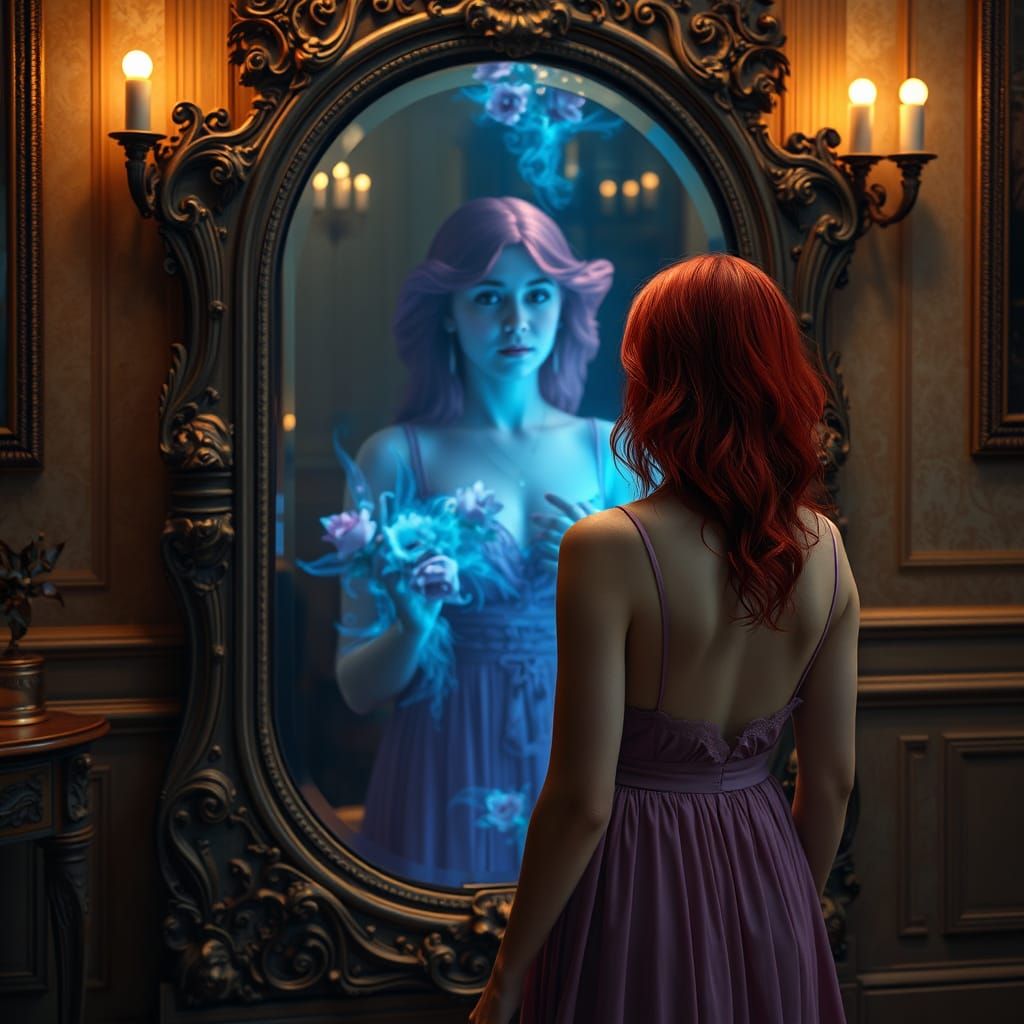 Mystical Reflection: Redhead in Golden Room