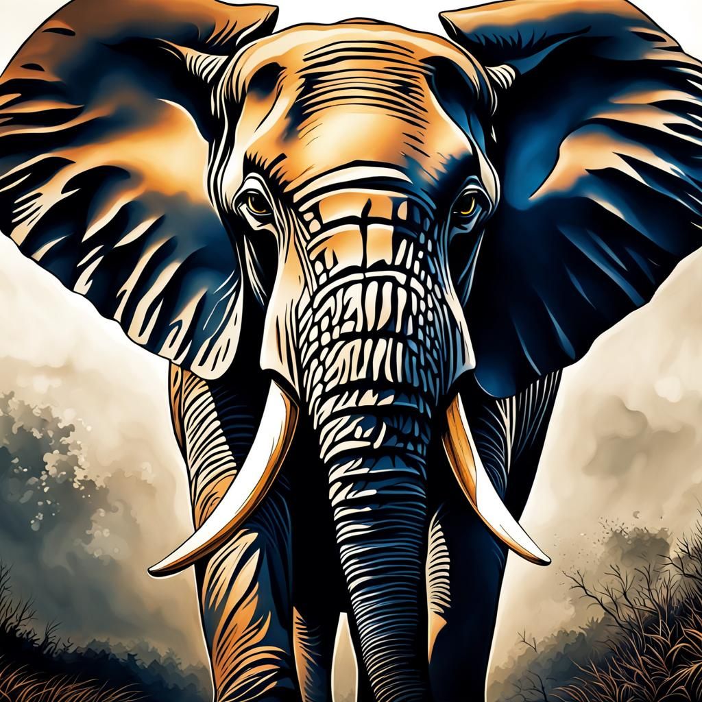 Detailed Color Ink Drawing of an Elephant