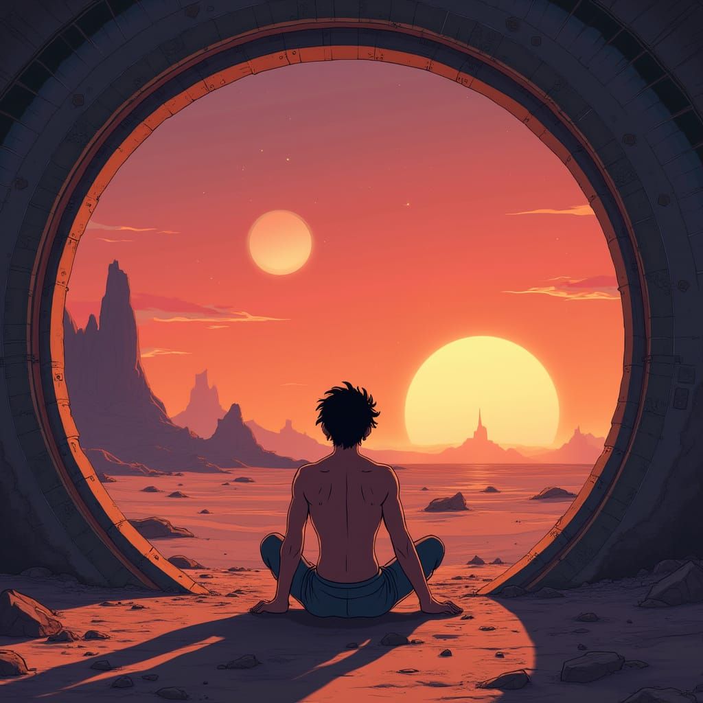 Anime Style Desert Sunset in Wrecked Spaceship