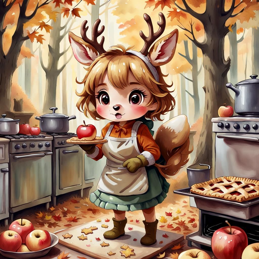 Chibi Anthro Deer Baking Apple Pies