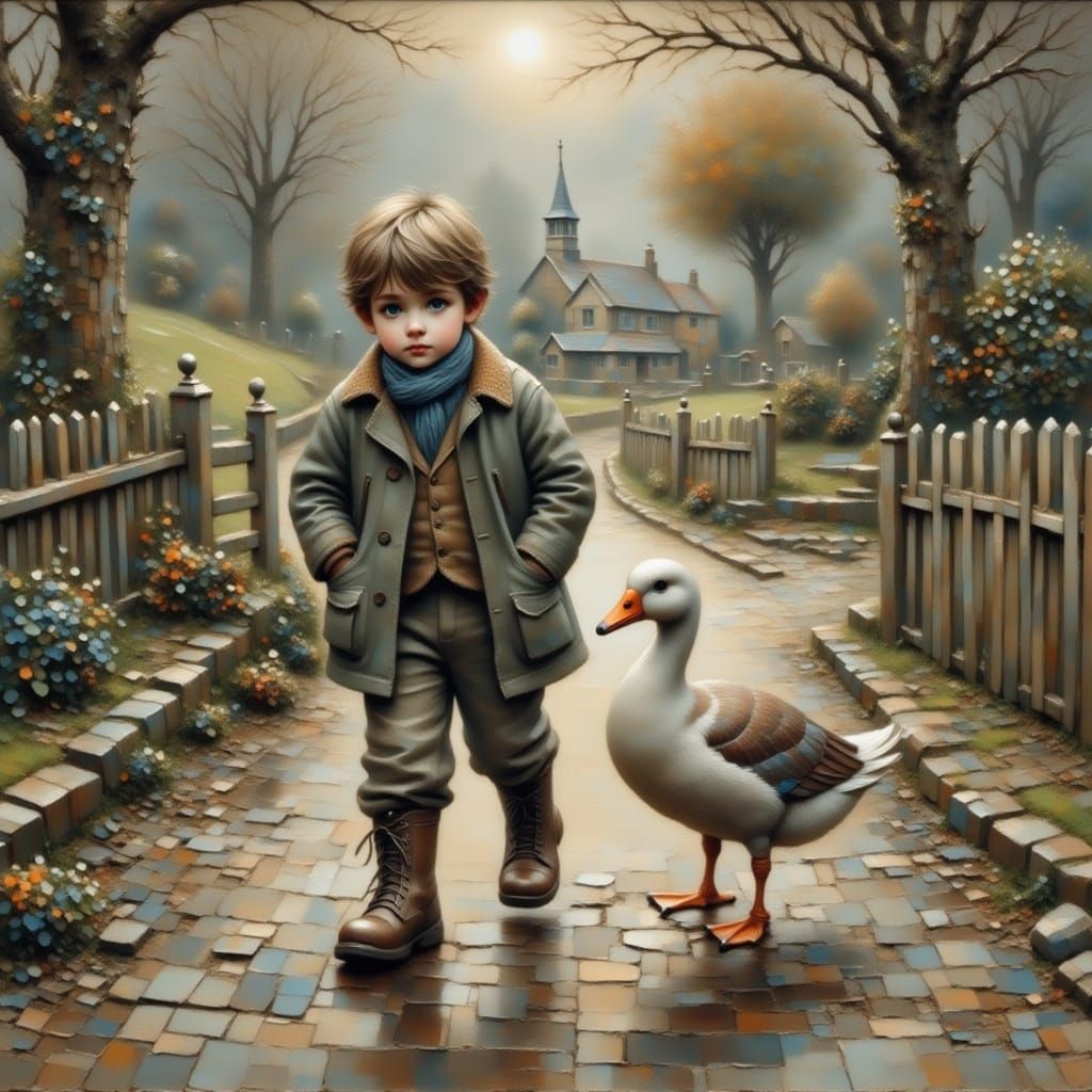 Whimsical Boy and Goose Stroll Together in Vintage-Inspired ...