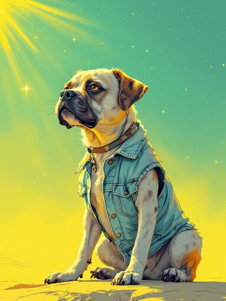 Old Dog in Denim Vest with Starfield Atmosphere