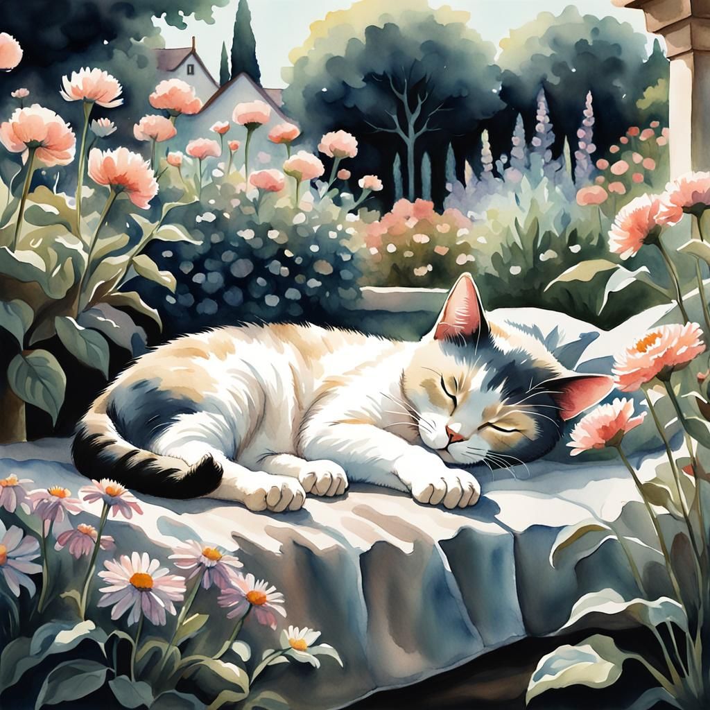 Cat Sleeping in Garden: Watercolor Film Noir