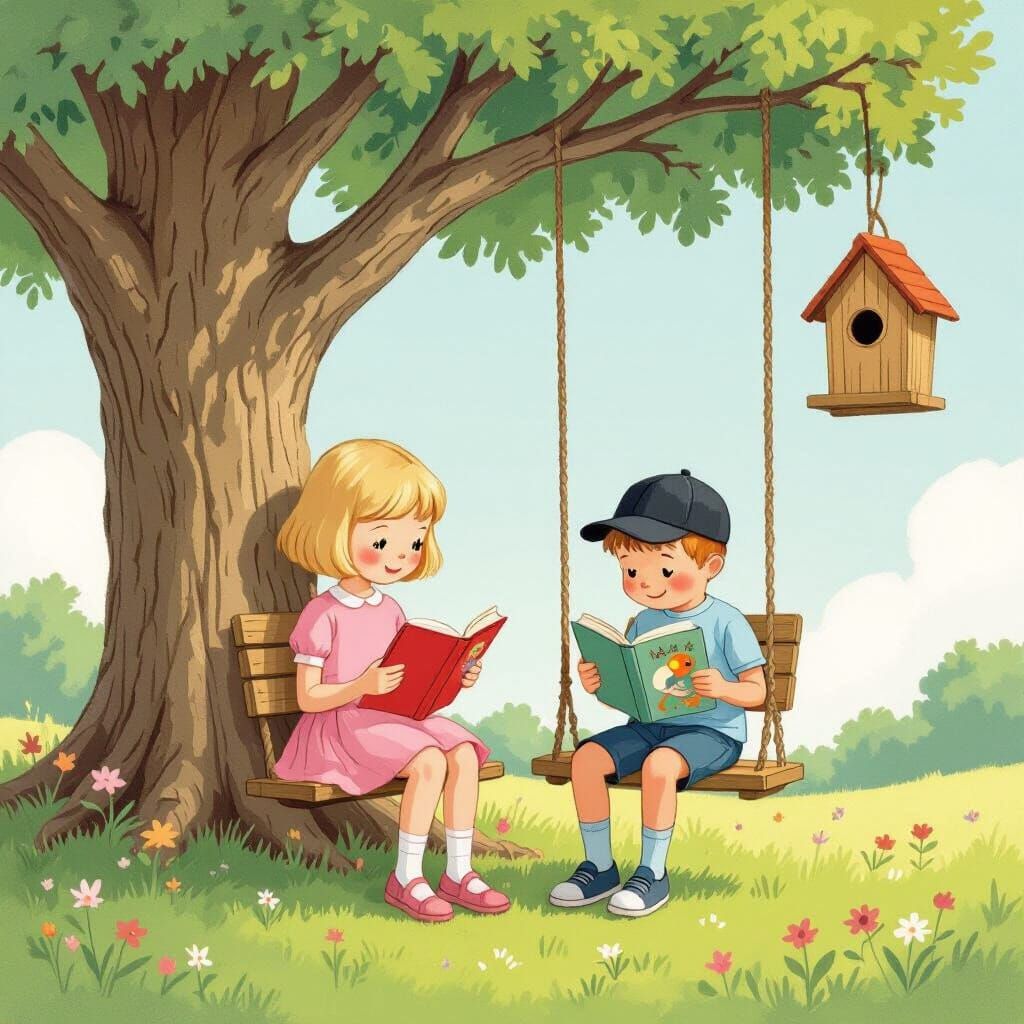 Children Reading Under Tree in Pastel Illustration