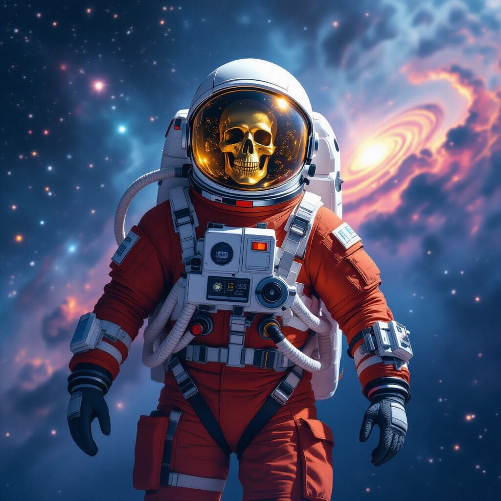 Astronaut in Cosmic Galaxy with Golden Skull Helmet