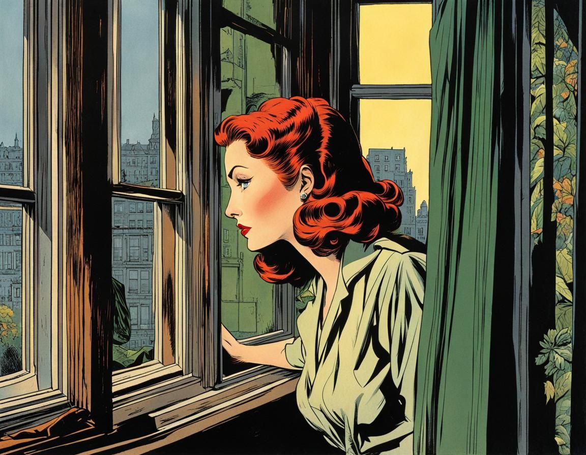 Startled Woman at Window in Graphic Novel Style