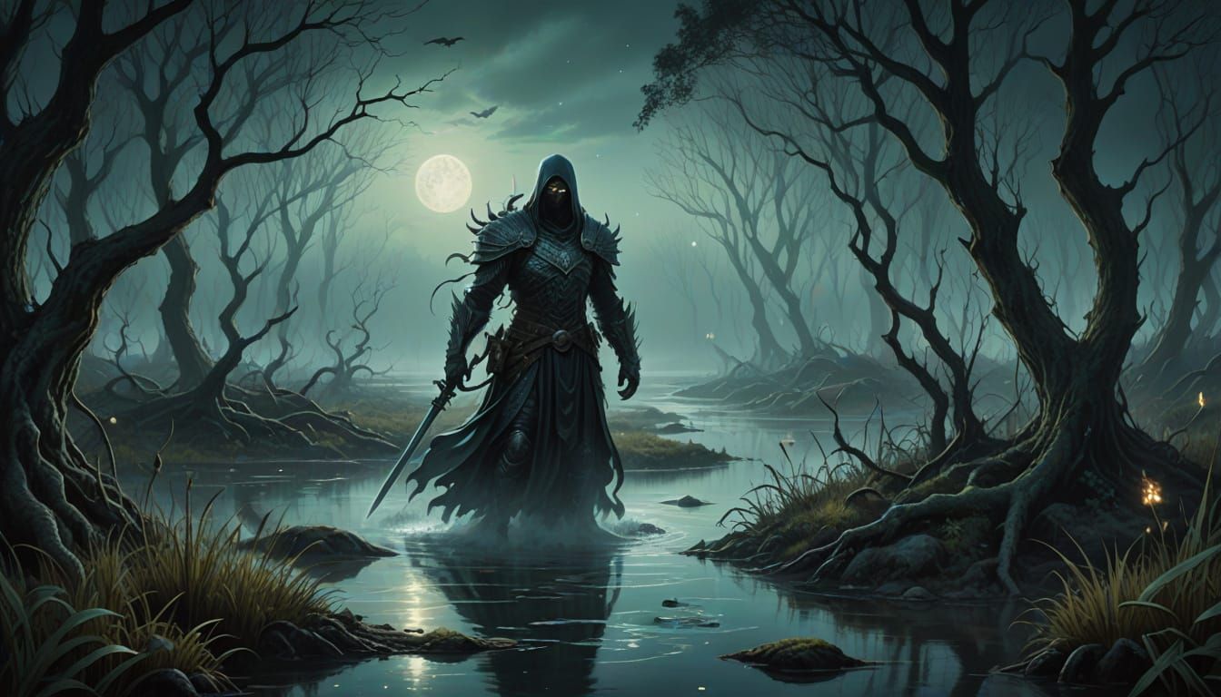 Dark Fantasy Creature Drifting Through Misty Wetlands