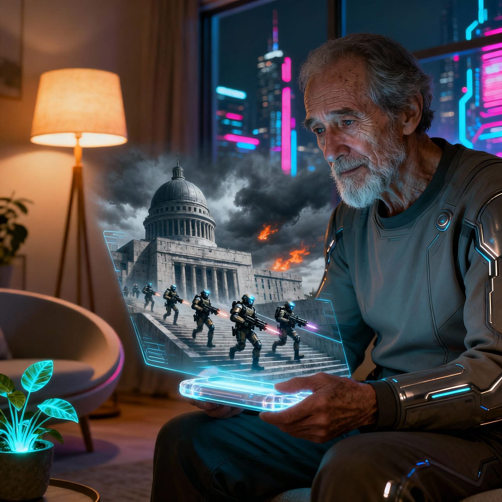 Elderly Man Watches Holographic War Memory