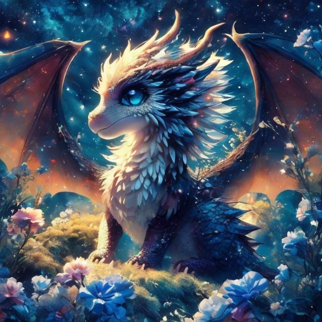 Mythical Dragon in Flower Patch, Vaporwave Art